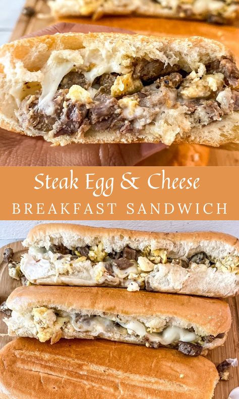 Steak, Egg and Cheese Breakfast Sandwiches are loaded with tender and juicy bits of steak, eggs, and melty cheese. The perfect way to use up any leftovers, and a sure-fire way to get your day off to a great start! Get ready for your day with more delicious breakfast options like this Low-Carb Breakfast Idea or the Cheesy Breakfast Pizza with Sausage, Ham, and Eggs! TABLE OF CONTENTS Ingredients you need to make the sandwiches: How to Make Steak, Egg and Cheese Breakfast Sandwiches: Upgrades a Roast Beef Breakfast Ideas, Steak And Egg Sandwich, Pizza With Sausage, How To Make Steak, Eggs Cheese Breakfast, Cheesy Breakfast, Steak Eggs, Egg Sandwich Recipe, Steak Breakfast