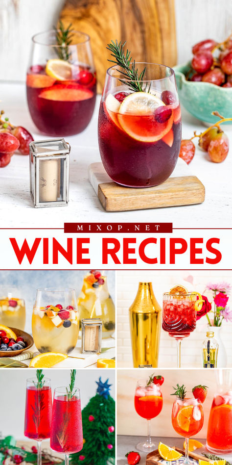 Savor the flavors of these versatile Wine cocktail recipes! This easy drink recipes allows you to combine wine with various ingredients, fruits, herbs, and spirits. Whether you prefer red, white, rosé, or sparkling, there’s a delightful concoction waiting for your next fun party cocktail! Wine Cocktails For A Crowd, Drinks With Wine Recipes, Red Wine Cocktail Recipes, Wine Mixed Drinks Recipes, Wine Drinks Recipes, Red Wine Recipes, Red Wine Spritzer, Wine Spritzer Recipe, Wine Recipes Drink