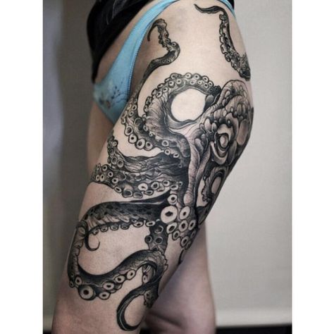 360 Likes, 7 Comments - W O M E N W I T H I N K (@womenwithink) on Instagram: “By @familyinktattoo #octopustattoo #ink #inked #inkedgirls #inkedwomen #inkedmodels #legtattoo…” Octopus Thigh Tattoos, Tentacle Tattoo, Octopus Tattoo Sleeve, Kraken Tattoo, Octopus Tattoo Design, Octopus Tattoos, Disney Tattoo, Octopus Tattoo, Mermaid Tattoos