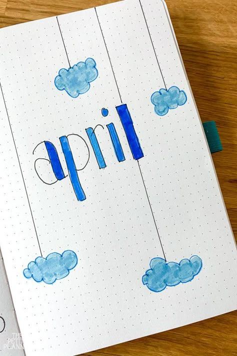 April Bullet Journal Cover Aesthetic, April Title Page Bullet Journal, April Bulletin Journal Ideas, April Whiteboard Calendar Ideas, April Showers Bullet Journal, April Planner Ideas, April Calendar Ideas, Planer Ideas Diy, April Journal Ideas