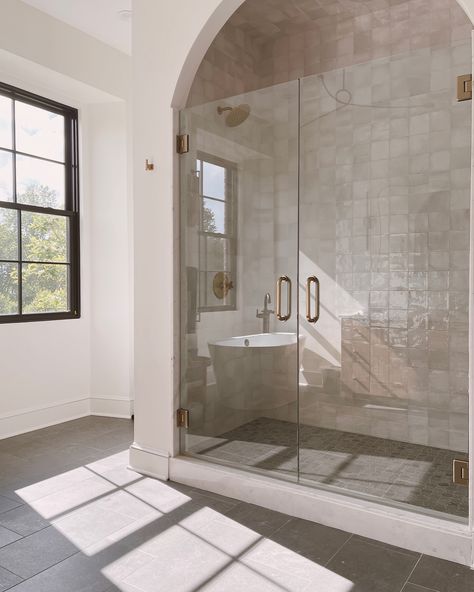 West Slope Pressure Balanced … curated on LTK Transitional Ensuite Bathroom, Light Tile Floor Bathroom, Herringbone Bathroom Backsplash, Transitional Half Bathroom, Mallory Ervin House, Organic Modern Master Bath, Modern European Bathroom, Bathroom Stone Tiles, Tile Choice