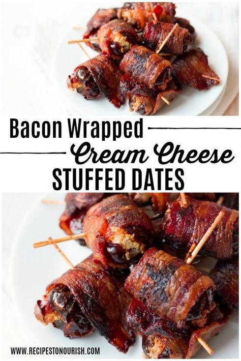 Bacon Wrapped Cheese Stuffed Dates are the most delicious small bites. They're the perfect real food snack to enjoy with someone you love. Cream Cheese Stuffed Dates, Bacon Appetizers Easy, Bacon Wrapped Cream Cheese, Cheese Stuffed Dates, Dates Recipes, Bacon Wrapped Cheese, Bacon Recipes Appetizers, Wrapped Dates, Real Food Snacks