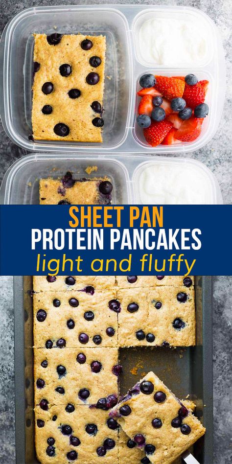 Skip the flipping with these big batch sheet pan protein pancakes! Light and fluffy, with juicy blueberries and a hint of vanilla, they are filling with 11 g protein per serving. Prep them ahead and reheat for easy breakfasts through the week. #sweetpeasandsaffron #sheetpan #mealprep #breakfast Easy Healthy Breakfast Protein, Healthy Ready To Go Breakfast, Meal Prep Breakfast Ideas For Kids, Breakfast For Lunch Meal Prep, Healthy Batch Breakfast, Sheet Pan Breakfast Meal Prep, Freezer Protein Pancakes, Breakfast Meal Prep On The Go, Bulk Breakfast Ideas Healthy