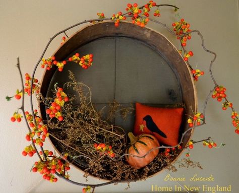 antique grain sieve crafts | Bittersweet...love the old grain sifter! Fall In New England, Arctic Blast, Summer Leaves, Colored Leaves, Primitive Fall, New England Fall, Hay Bales, Fall Deco, Fall Items