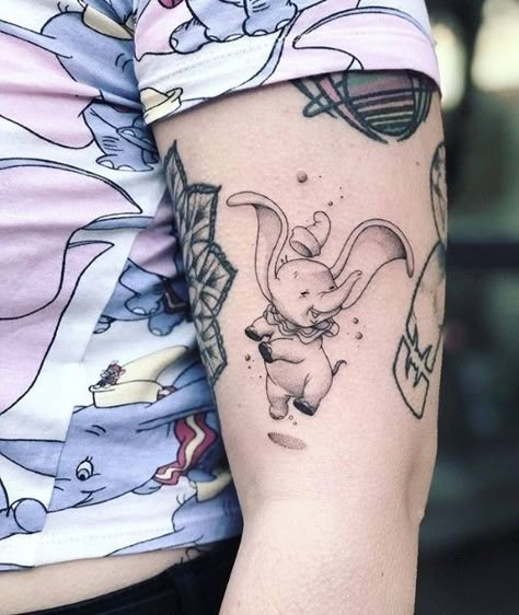 Dumbo Tattoo Ideas, Disney Dumbo Tattoo, Dumbo Art, Dumbo Tattoo, Lines Tattoo, Balloon Tattoo, Music Note Tattoo, Note Tattoo, Elephant Tattoo