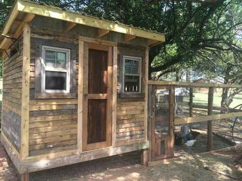 Pallet Coop Unique Chicken Coop, Feed Shed, Garden With Chickens, Pallet Coop, Diy Coop, Pallet Chicken Coop, Chicken Coop Build, Chickens In The Garden, Pallet Board Ideas