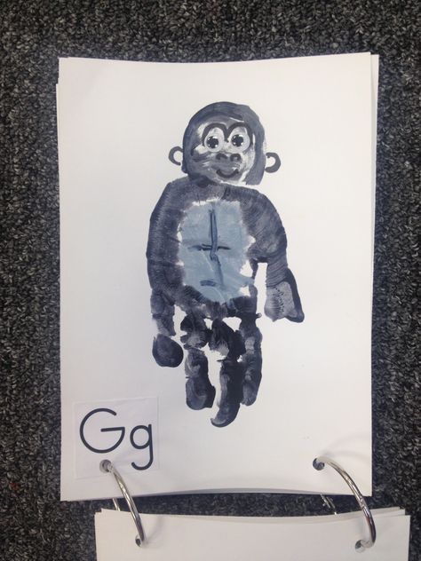 G - Gorilla. Handprint craft Infant Zoo Crafts, Gorilla Crafts For Preschool, G Footprint Craft, Gorilla Footprint, G Handprint Craft, Gorilla Crafts For Kids, Letter G Handprint Craft, Gorilla Handprint, Gorilla Craft Preschool