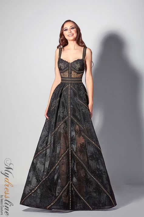 Be the star of the evening in this stunning long dress! Crafted from luxurious lace and adorned with a v-neckline, you'll make a memorable entrance in this delightful design. The A-line silhouette will flatter your figure, and the strappy details and zipper back closure add the perfect finishing touch. Perfect for spec Gorgeous Black Dress, Black Gowns, Haute Couture Gowns, Evening Gowns Elegant, Luxury Dresses, Stunning Gowns, Dream Dresses, Gowns Of Elegance, Gala Dresses