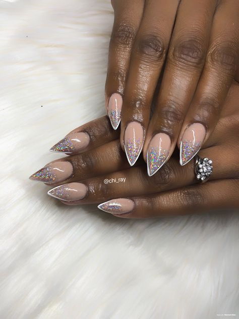 Nails 2023 Trends French Manicure, Oval Rhinestone Nails, Short Vegas Nails, Las Vegas Inspired Nails, Silver French Tip Nails Almond, Glitter French Manicure Almond, Nude With Glitter Nails, French Manicure Stiletto Nails, Las Vegas Nails Ideas Glitter