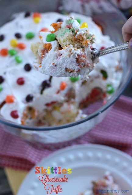 Skittles Cheesecake Trifle - I Dig Pinterest Skittles Cake, Sour Skittles, Cheesecake Trifle, Trifle Bowl, Trifle Desserts, What Team, Hosting Guests, White Cake Mixes, Whipped Topping