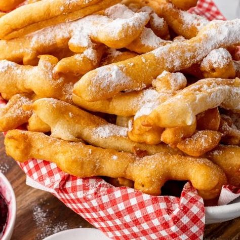 Funnel Cake Fries - 4 Sons 'R' Us Carnival Eats Recipes, Funnel Fries, Rv Snacks, Carnival Eats, Brunch Sweets, Funnel Cake Fries, Fair Foods, Funnel Cake Recipe, Whiskey Cake