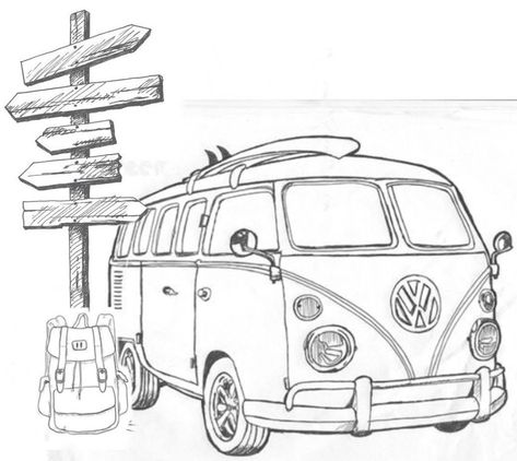 Campervan Tattoo, Nc Tattoo, Cute Drawings Of People, Surf Drawing, Eagle Artwork, Sand Drawing, Ear Tattoo Ideas, Ear Tattoos, Vw Art