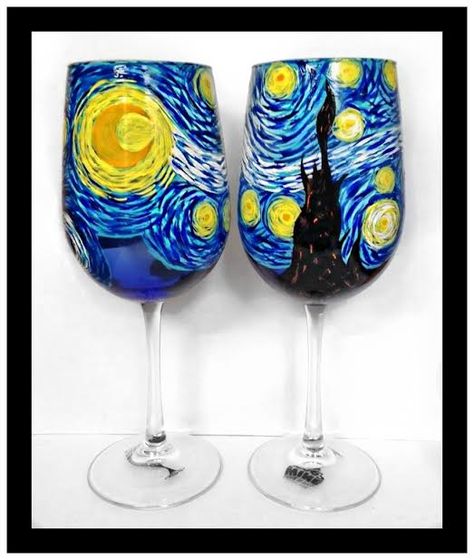 Hand painted wine glasses   Van Gogh Starry Night wine glasses  email winemecompany@gmail.com for all custom requests   winemecompany.com Mermaid Wine Glass, Wine And Paint Night, Painting Glass Jars, Wine Glass Designs, Hand Painted Glassware, Painting Glass, Wine Glass Art, Diy Glass Bottle Crafts, Hand Painted Wine Glasses