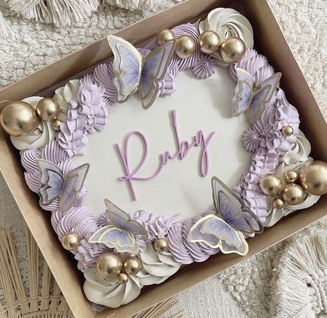 Faux Balls Cake Design, Buttercream Butterflies, Butterfly Sheet Cake, Cupcake Sheet Cake, Lilac Birthday Cake, Square Cake Designs, Birthday Cake With Buttercream, Lilac Cake, Square Birthday Cake