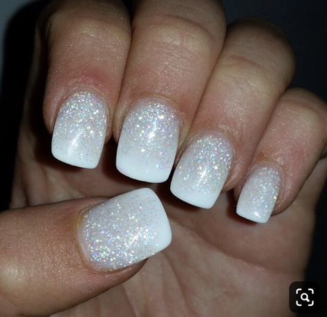 White Shimmer Ombre Nails, White Glitter Dip Powder Nails, White Sparkle Nails, Pedi Designs, Mani Ideas, Country Nails, Milky Nails, White Glitter Nails, Ombre Nails Glitter