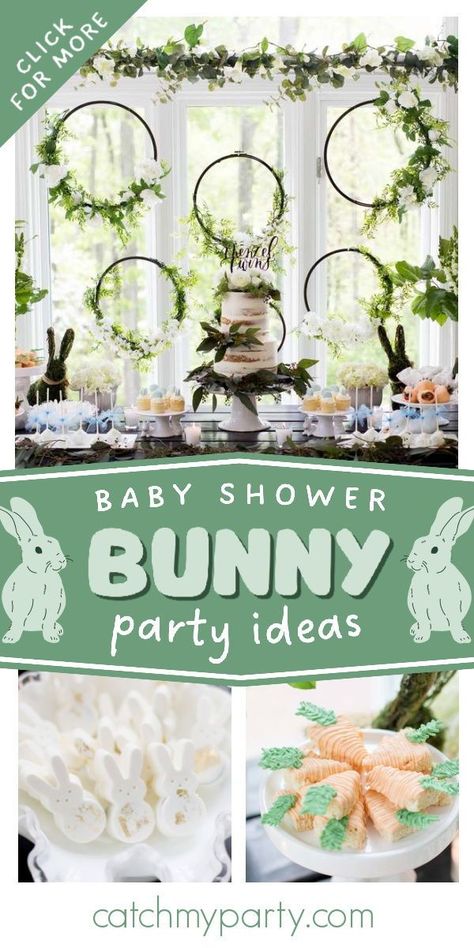 Take a look at this cute rustic rabbit-themed baby shower! The cake is amazing! See more party ideas and share yours at CatchMyParty.com Bunny Baby Shower Theme, Easter Baby Shower, Bunny Baby Shower, Free Baby Shower, Spring Baby Shower, Baby Shower Inspiration, Twins Baby Shower, Modern Baby Shower, Chic Baby