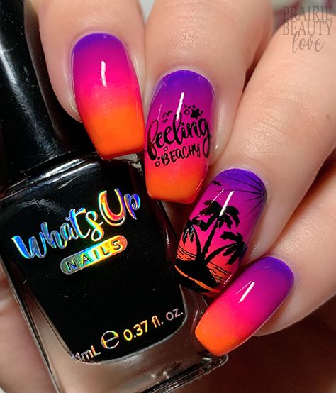 Neon Tropical Nails, Purple Sunset Nails, Fluorescent Nails Neon, Sunset Pedicure, Tropical Ombre Nails, Sunset Inspired Nails, Sunset Nails Acrylic, Summer Sunset Nails, Sunset Nails Ombre