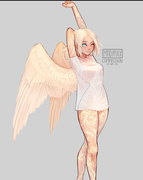 Art Reference Angel, Corrupted Angel Character Design, Mndynxx Art Oc, Curled Up Drawing Pose, Human Ftu Base, Mythical Human Creatures, Angel Superhero Design, Madyaxx Oc Art, Cute Angel Character Design