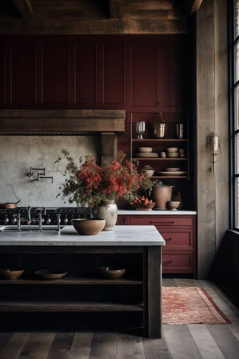 Butcher Block With Farmhouse Sink, Modern Rustic Kitchen Ideas, Modern Rustic Kitchen, Rustic Kitchen Ideas, Rustic Modern Kitchen, Rustic Farmhouse Kitchen, Red Kitchen, Dream House Interior, Kitchen Inspo