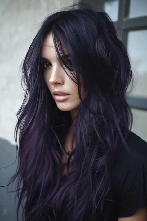 Midnight Violet Hair, Dark Brown Hair With Purple Tint, Midnight Violet Black Hair, Deep Purple Hair Color, Purple Tinted Hair, Deep Violet Hair, Midnight Purple Hair, Violet Black Hair, Hair Cuts And Color Ideas