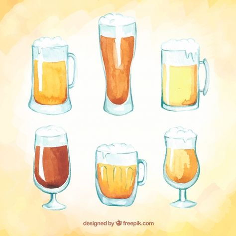 International Beer Day, Types Of Beer, Beer Day, Mug Collection, Glass Mug, Vintage Type, Beer Glass, Watercolor Design, Cute Food