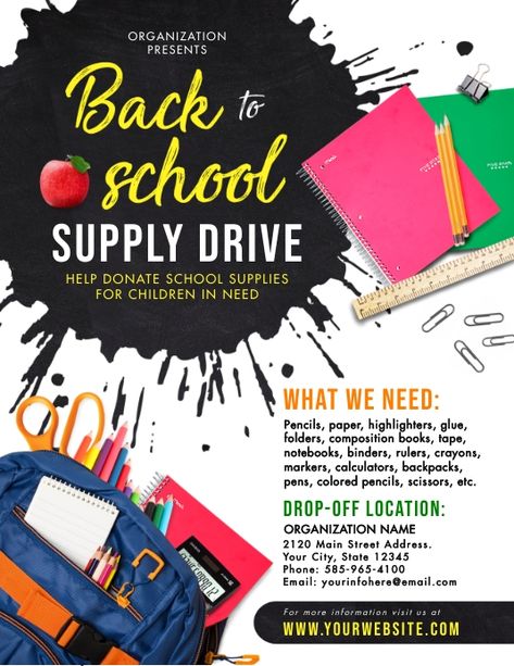 Back To School Supply Drive flyer templates, back to school supply drive fundraisers, school supplies drive fundraiser flyer templates, educational flyer templates, school flyer templates, books and apple school supplies drive flyer, fundraiser flyers, organization donation flyers, help children schools flyers. School Supplies Donation, Food Drive Flyer, School Donations, School Supply Drive, Apple School, School Supplies For Teachers, Food Drive, Flyer And Poster Design, Stationary School