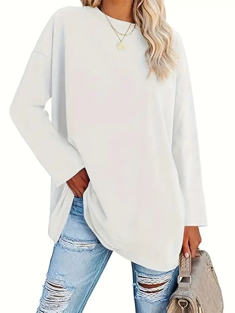 Plus Size Simple Solid Top Casual Crew Neck Long Sleeve Top - Temu United Kingdom Drop Shoulder Tee, Round Neck Tees, Basic Long Sleeve, Simple Shirts, Round Neck Tops, Womens Basic, Long Sleeve Casual, Matilda, Top Casual