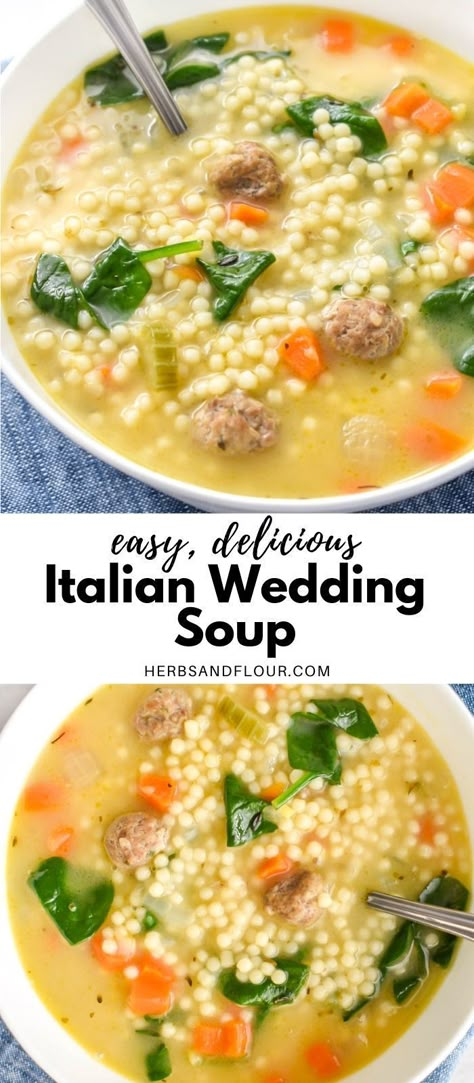 This cozy, comforting Italian Wedding Soup is wonderfully flavourful and so simple to make! Adorable little meatballs, mini pasta beads, fresh spinach and a flavourful broth come together to make this hearty soup that�’s a marriage made in heaven. Skinnytaste Wedding Soup, Soup Recipes Italian Wedding, Slow Cooker Italian Wedding Soup Recipe, Crock Pot Wedding Soup, Italian Wedding Soup Creamy, Soup Recipes Family, Italian Wedding Soup Freezer Meal, Italian Wedding Soup With Tortellini, Italian Wedding Crockpot Soup