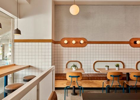 Everything you know and love about diner design, but with a twist. See this refreshing take on a classic style in fast casual HipCityVeg. Green Penny Tile, Modern Diner, Diner Design, Modern Bistro, Interior Design Minimalist, Counter Seating, Retro Cafe, Penny Tile, White Subway Tiles