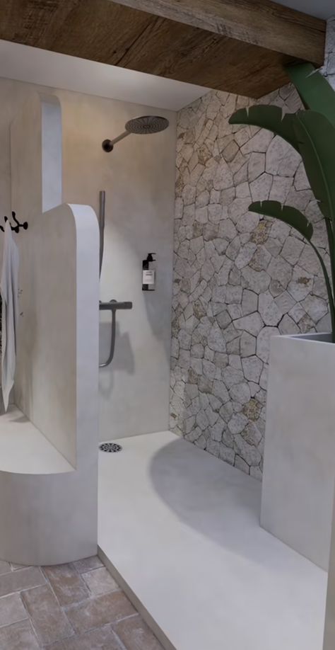 Micro Cement Shower Wall, Microcement Shower Walls, Concrete Bathroom Ideas, Hacienda Bathroom, Indoor Outdoor Bathroom, Cool Kids Bedrooms, Steel Frame House, Bathroom Floor Plans, Concrete Bathroom