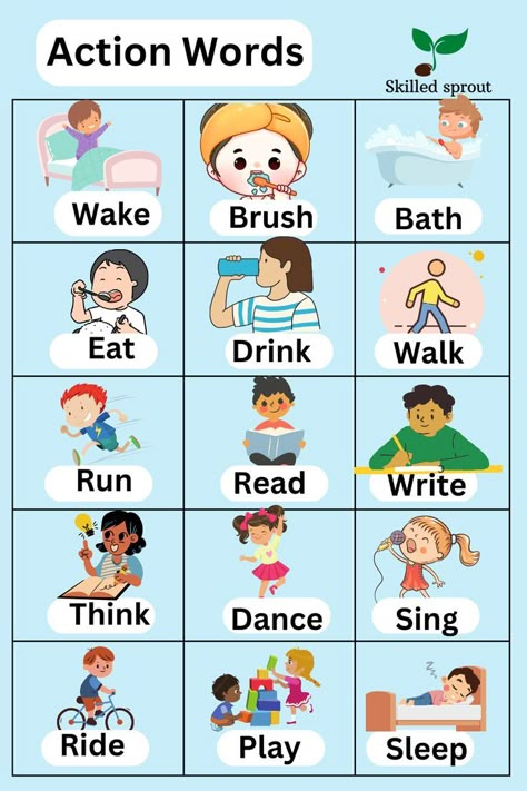 Action Activities For Preschoolers, Preschool Vocabulary Words, Learning English For Kids Teaching, Vocabulary For Kids English, Action Words With Pictures, Teaching English To Kids Kindergartens, School Games For Kids Classroom, How To Teach English To Kids, English Games For Kids Teaching