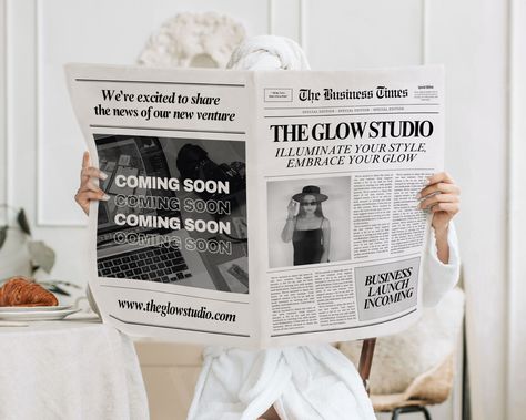 Discover our Canva Business Newspaper Template, perfect for creating an impressive large newspaper announcement. This fully editable template allows you to customize every detail for a unique branding photoshoot. Available as an instant download, you can start crafting your custom newspaper right away! [🌟IMPORTANT] : This is not actual product, ONLY for DIGITAL print! Our templates are created with Canva, a FREE design tool. Please try to use the platform and see it works with you before buying Newspaper Prop Photoshoot, Business Announcement Photoshoot, Newspaper Branding, Business Anniversary Photoshoot, Newspaper Photoshoot Ideas, News Paper Photoshoot, Newspaper Template Editable, Esthetician Photoshoot, Newspaper Announcement