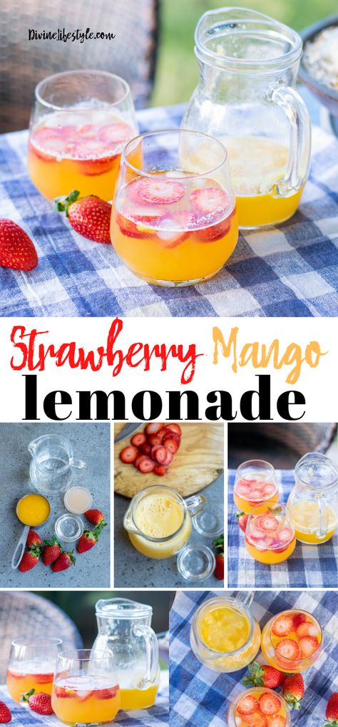 Lemonade Non Alcoholic Drinks, Mango Limeade, Flavored Lemonade Recipes, Strawberry Mango Lemonade, Mango Lemonade Recipe, Peach Mango Lemonade, Strawberry Lemonade Recipe For A Crowd, Strawberry Mango Mocktail, Strawberry Mango Juice