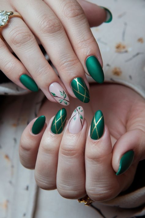 Embrace the essence of autumn with these cozy green nail ideas perfect for fall. Imagine a deep forest green base adorned with delicate gold leaf accents, capturing the beauty of fall foliage. This chic combination not only reflects the warm colors of the season but also adds a touch of elegance to your style. Transform your nails into a statement of seasonal charm and individuality with this gorgeous look. Green Elegant Nails, Green Forest Nails, Forest Nail Art, Forest Green Nail Designs, Foliage Nails, Green Nail Ideas, Fall Nail Ideas, Deep Forest Green, Green Nail Designs