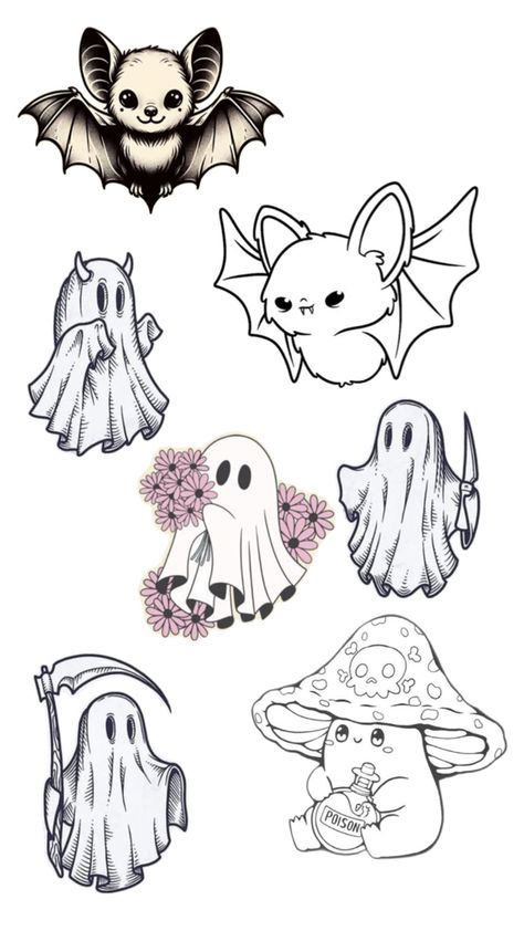 Cute spooky tattoo ideas Cute Halloween Ghost Tattoo, Cute Spooky Halloween Tattoo, Medium Halloween Tattoos, Dark Cute Tattoos, Colorful Ghost Tattoo, Spooky Aesthetic Tattoo, Tattoo Ideas Female Halloween, Tiny Bat Tattoo Ideas, Small Simple Halloween Tattoos