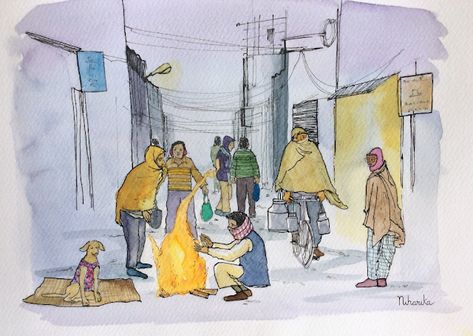 Winter in Delhi Winter Morning Drawing, Delhi Winter, Scene Drawing, Street Dogs, Winter Morning, Winter Mornings, Winter Pictures, Winter Day, Winter Scenes