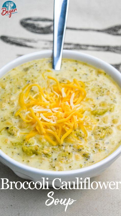 One of my favorite soups is broccoli and cheddar soup. Perfecting a soup like broccoli soup without flour or cornstarch is hard. Here it is finally. Low-Carb Broccoli Cauliflower Soup is creamy and satisfying all while being low-carb and keto-friendly with lots of cheese and cream to up the fat with xanthan gum to thicken the soup. This soup was so good, and the leftovers were perfect for lunch. #crockpot #broccolicheddarsoup #lowcarbrecipes #soup Cauliflower And Cheese Soup, Broccoli Soup Crockpot, Lunch Crockpot, Crock Pot Broccoli, Crockpot Cauliflower, Potatoes And Rice, Cauliflower And Broccoli Cheese, Broccoli And Cheddar Soup, Cauliflower Cheddar Soup