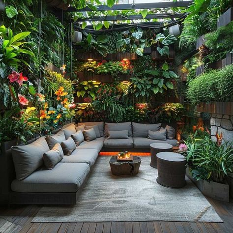 Tropical Seating Area, Fire Pit Areas, Garden Patio Ideas, Cozy Fire Pit, Inspiring Lifestyle, Small Balcony Design, Vertical Garden Wall, Living Walls, Patio Garden Design