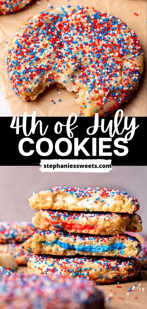 These 4th of July cookies are lemon cheesecake cookies stuffed with red, white, and blue cheesecake. The lemon cookies are topped with patriotic sprinkles. Each cookie has a surprise patriotic color inside! 4th July Desserts, Forth Of July Food, July 4th Cookies, Easy July 4th Desserts, Lemon Cheesecake Cookies, Fourth Of July Cookies, Chewy Lemon Cookies, Red White And Blue Cheesecake, 4th Of July Treats