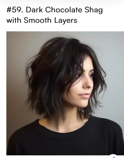 Dark Brown Shaggy Bob, Unstyled Shoulder Length Hair, Shaggy Short Hair No Bangs, Shoulder Length Hair Textured, Shaggy Lob Curtain Bangs, Shaggy Bob Without Bangs, Messy Chin Length Hair With Layers, Shaggy Bob Hairstyles Shoulder Length, Black Shag Haircut