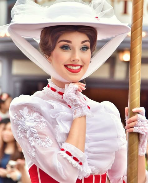 Her makeup is so pretty. Mary Poppins face character at Disney. Wicked Cosplay, Crochet Cosplay, Mary Poppins Costume, Disney Characters Costumes, Cosplay Disney, Theater Costumes, Disney Face Characters, Her Makeup, Dapper Day