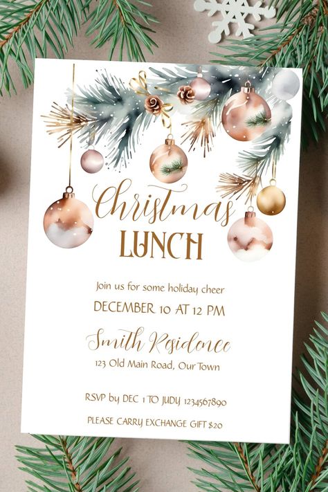 Christmas lunch party snowy boho watercolor invitation template instant download rose gold baubles Christmas Lunch Party, Fun Christmas Party Ideas, Gold Baubles, Christmas Luncheon, Elegant Template, Pastel Brown, Lunch Party, Christmas Party Invitation Template, Watercolor Invitation