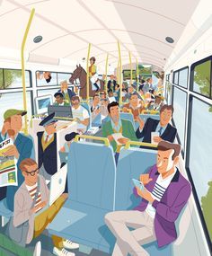 People crowded on a bus, beautiful flat illustration design by Steve Scott Person On Bus Reference, Crowd Illustration, Bus Illustration, Inside Of A Bus Drawing, Person Looking Out Bus Window, Crowded Bus Illustration, Person Waiting At Bus Stop, Inside Bus Illustration, Illustration Design Graphique