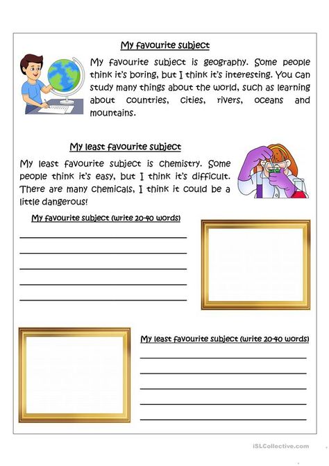 Like and Dislike - School Subjects Writing - English ESL Worksheets for distance learning and physical classrooms Writing Subjects Ideas, Writing Exercises For Beginners, Junior English, English Pictures, English Essays, English Activity, Like And Dislike, Creative Writing Worksheets, Classroom Objects