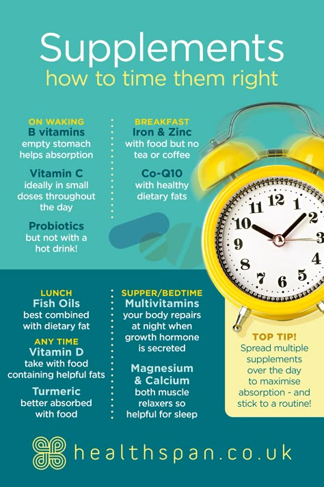 An infographic showing when to take vitamins and supplements When To Take Vitamins, Health And Fitness Magazine, Health Info, Health And Fitness Tips, Health Advice, Healthy Nutrition, Nutritional Supplements, Health Supplements, Vitamin D