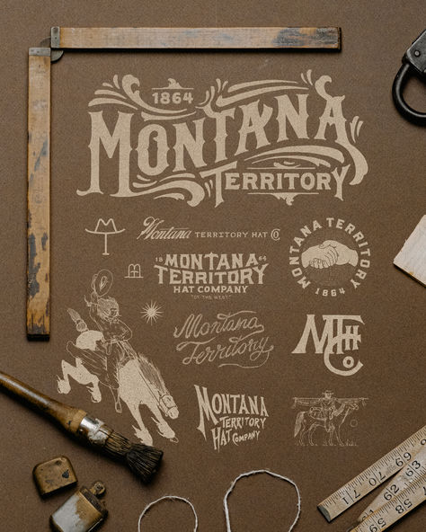 Brand Identity for Montana Territory Hat Co! Created by hand using the traditional pen-on-paper method of the early 20th century. Want to work with us on your next project? Reach out at info@1924.us!! #1924us #life #design #branding #vintage #inspiration #art #cool #rugged #western #cowboy #cowgirl #hats #1864 #bozeman #montana Rustic Graphic Design Inspiration, Country Branding Design, Modern Western Graphic Design, Western Website Design, Vintage Inspired Branding, Western Branding Design, Rustic Graphic Design, Western Logo Design, Vintage Branding Design