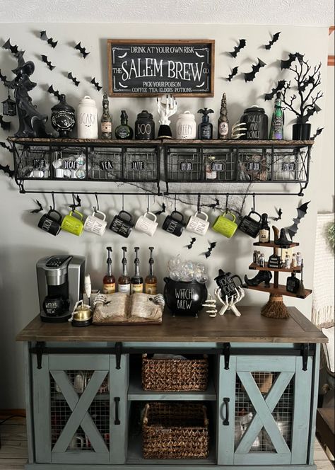 Autumn Coffee Bar, Coffee Bar In Kitchen, Bar In Kitchen, Coffee Bar Station, Witch Coffee, Coffee Bar Ideas, Used Cabinets, Bar Inspiration, Home Coffee Stations