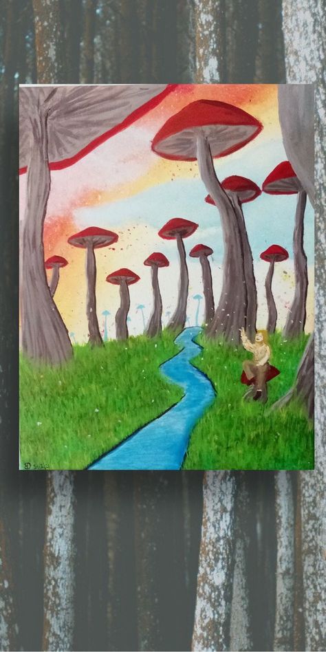 Mushroom In Grass Drawing, Acrylic Painting Of Mushrooms, Simple Unique Paintings, Mushroom Pastel Art, Mushroom Forest Painting Easy, Mushroom Landscape Painting, Toadstool Painting Acrylic, Fairy Mushroom Painting, Bedroom Artwork Ideas Paintings