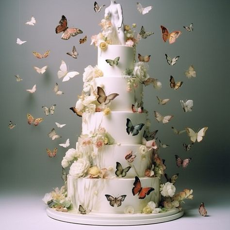 White wedding cake with Gucci inspired butterflies and sugraflowers Japanese Wedding Cakes, Wedding Cake Nature, Elena Gnut, Butterfly Wedding Cake, Whimsical Wedding Cakes, Butterfly Wedding Theme, Stunning Cakes, Garden Wedding Cake, Gucci Inspired