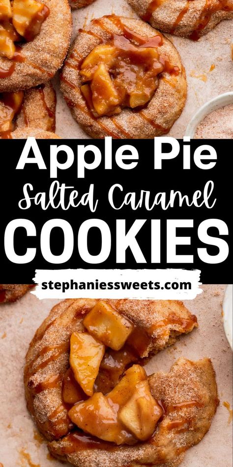 These apple pie cookies are a cinnamon thumbprint cookie full of apple pie filling! These cookies are perfect if you want apple pie, but in a cookie form! The cookies are cinnamon cookies that are coated in cinnamon that are filled with apple pie filling with a drizzle of salted caramel. Cookie Recipes Apple, Apple Pie Shortbread Cookies, Caramel Apple Pie Cookies Recipes, Salted Caramel Apple Pie Cookies, Carmel Apple Snickerdoodles, Cinnamon Apple Cookies Recipe, Crumbl Apple Cookie, Carmel Apple Cookies Recipes, Apple Pie Inspired Desserts